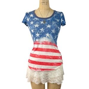 Vtg Americana Graphic Tee Rhinestone American Flag‎ Sz S Y2K 2000's